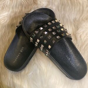 Madden girl black slides with silver metal studs